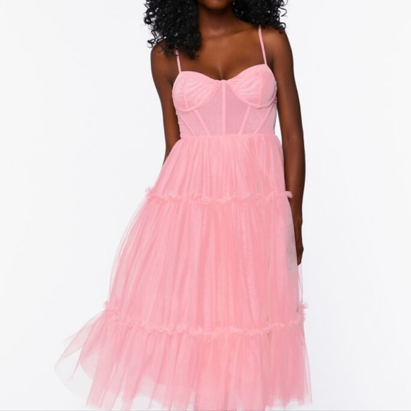 Forever 21 Dresses Tulle Ruffle Bustier Corset Midi Dress Pink M